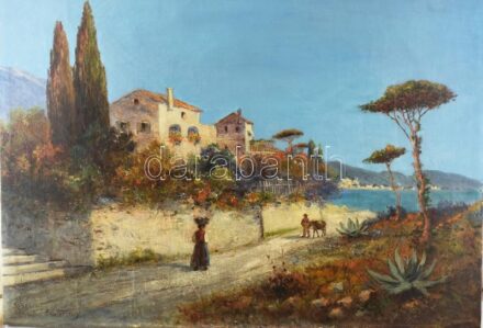 A. L. Terni (Georg Fischhof, 1859-1914): Napfényes olasz táj. Olaj, vászon, restaurált, dublírozott. Jelezve balra lent. A. L. Terni. 72x96 cm / A. L. Terni (Georg Fischhof, 1859-1914): Sunny Italian landscape. Oil on canvas, restored, signed lower left.
