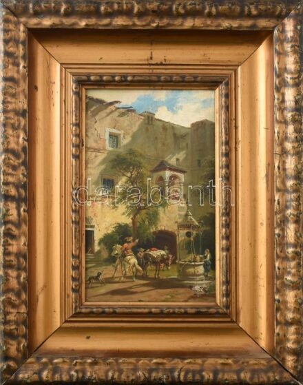 Franz Xaver Reinhold (1816-1893): Seebenstein várának udvara, 1885. Olaj, vászon. Jelezve balra lent: F. Reinhold 1885. Proveniencia: BÁV, 31. képaukció, 1973, 189. tétel. Hátoldalán az aukció címkéjével és Schloss Eisgrub raglappal Fakeretben. 31x21 cm.