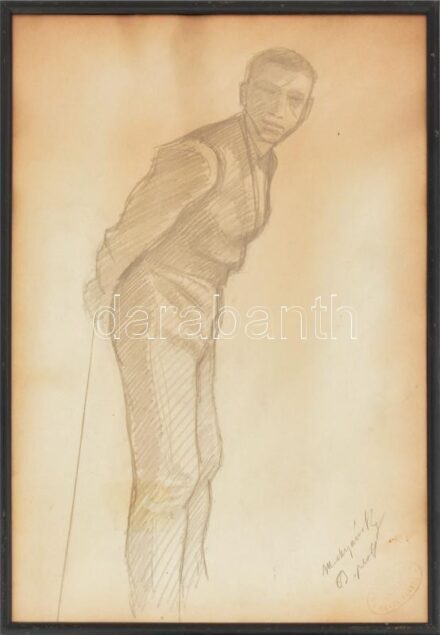 Báró Mednyánszky László (1852-1919): Alak (tanulmány). Ceruza, papír. Jelezve jobbra lent. Mednyánszky hagyatéki bélyegzővel. Üvegezett fakeretben. 42x29 cm / László Mednyánszky, Ladislav Medňanský (1852-1919): Standing figure (study). Pencil on paper. Si