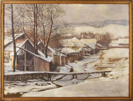 Olgyai Viktor (1870-1929): Téli táj. Olaj, vászon, jelzett. Hátoldalán 1913-as, feltehetően műcsarnoki kiállítási raglappal. Dekoratív fakeretben, 72,5×97 cm. / oil on canvas, signed, with exhibition label from 1913 on the reverse,