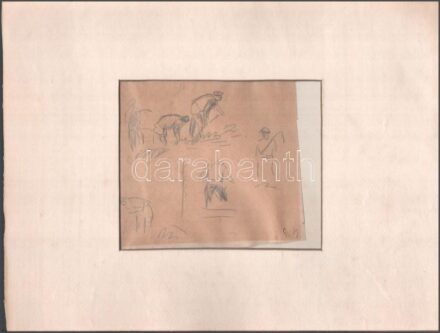 Iványi-Grünwald Béla (1867-1940): Aratási tanulmány. Ceruza, papír, jelezve jobbra lent: G B. Lap sarkai kartonra rögzítve. Paszpartuban. 15x18 cm / pencil on paper, signed