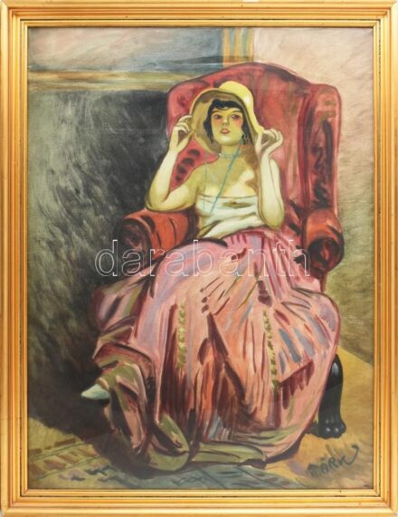 Márk Lajos (1867-1940): Dáma fotelben. Olaj, vászon, jelezve jobbra lent. Proveniencia: Orosz Péter, a 2007-ben megjelent Márk Lajos kötet szerzőjének és családjának gyűjteményéből. Dekoratív, üvegezett, kissé sérült fakeretben, 80×60 cm / Lajos Márk, als