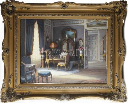 Friedlinger Jenő (1890-?): Kastélyenteriőr. Olaj, vászon. Jelezve jobbra lent: Friedlinger J. Hátoldalán töredékes címkén korabeli, olvashatatlan felirattal. Szélein apró felületi, feltehetően keret által okozott sérülésekkel. Dekoratív, kissé sérült fake