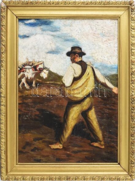 Vass Elemér (1887-1957): Magvető. Olaj, karton, jelezve jobbra lent, Hátoldalán korabeli címkén feliratozott és 150 korona árral. Dekoratív fakeretben. 49x34,5 cm / oil on board, signed, with old label on the reverse, framed