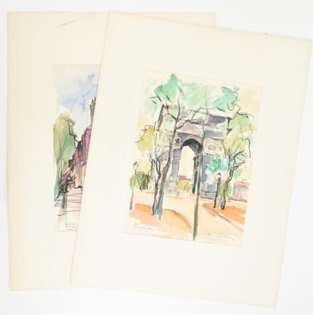 Rupert Rosenkranz (1908-1991), 2 db mű: Párizsi részlet, Arc de Triomphe és mecset, 1954. Akvarell, papír. Jelzett. Paszpartuban. 39x29 cm. / Rupert Rosenkranz (1908-1991), German painter, 2 pcs of artwork: Paris, Arc de Triomphe and mosque, 1954. Waterco
