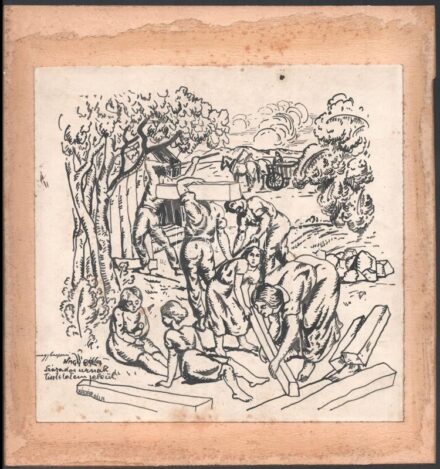 Kádár Béla (1877-1956): Falusi jelenet. Tus, papír, jelzett. Nagy Béla (1882-1962) százados, későbbi altábornagy részére dedikált, Kádár Béla autográf ajándékozási soraival. Kartonra ragasztva, foltos, 24,5×24,5 cm / ink on paper, signed, with Béla Kádár'