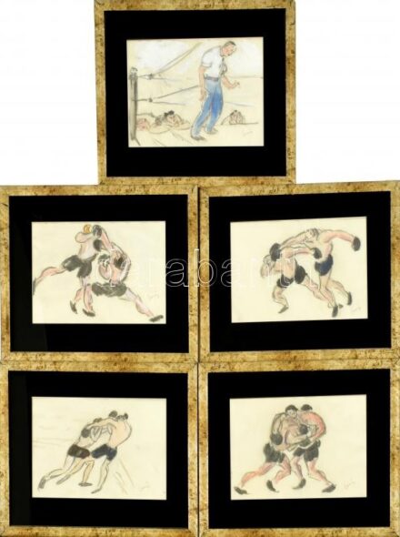 Boris László (1897-1924), 5 db mű: Boksz-sorozat I-V. Vegyes technika, papír, mind jelzett. Hátoldalán Haas Galéria kiállítási címkéivel. Üvegezett fa keretben, 15×22 cm / László Boris (1897-1924), 5 works of art: Box-series I-V. Mixed technique on paper,