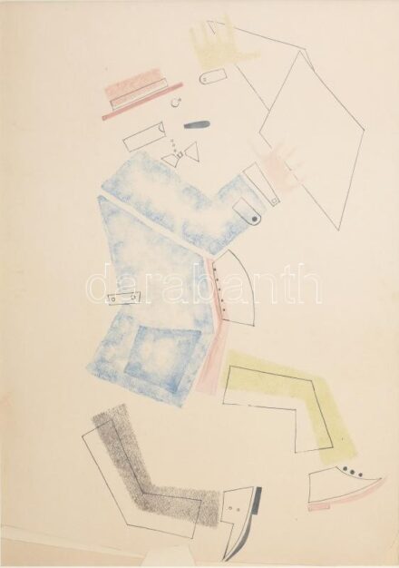 Vlagyimir Lebedev (1891-1967): Konstruktív szivarozó. Tus, akvarell, papír. Jelzés nélkül. Paszpartuban. 30x21,5 cm / Vladimir Lebedev (1891-1967), Russian avantgarde painter, watercolour and ink on paper, unsigned, in passepartout. 30x21,5 cm