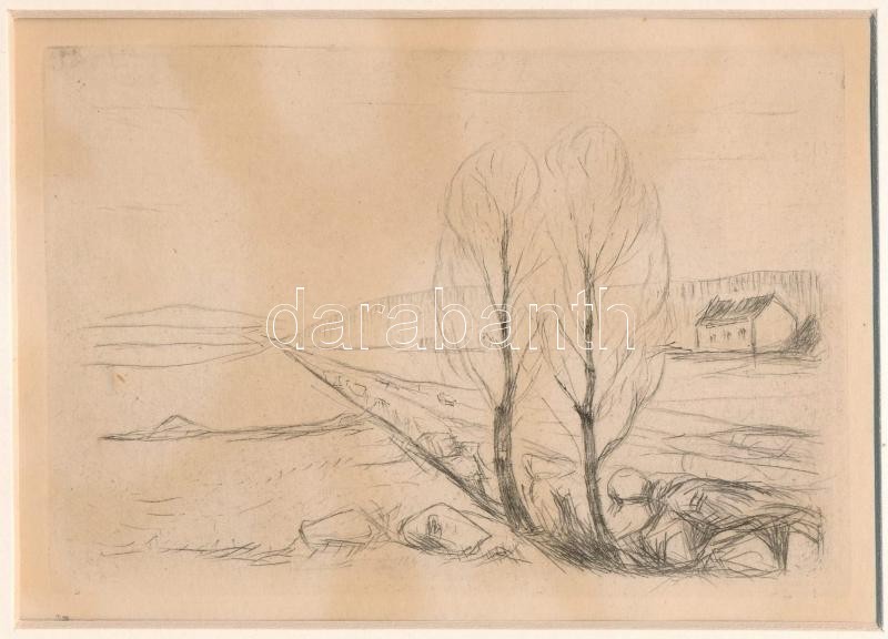 Edvard Munch (1863-1944): Tájkép (Landschaft). Rézkarc, papír, jelzés nélkül. Paszpartuban. Megjelent: Hermann Struck: Die Kunst des Radierens. Ein Handbuch (Berlin: Bruno Cassirer). Életmű katalógusszámok: Woll 298 II (von III). Schiefler 268 I (von II). - Image 2