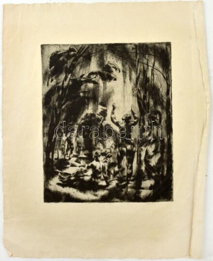 Aba-Novák Vilmos (1894-1941): Fürdőző aktok. Rézkarc, papír, jelzés nélkül, hajtásnyommal 29x33,5 cm / etching on paper, unsigned, with minor flaw