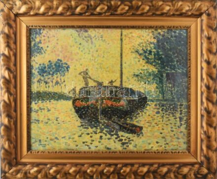 Lakatos Artúr (1880-1968): A kikötő színei. Olaj, vászon, jelezve balra lent. Javított. Dekoratív, üvegezett fakeretben. 50×65 cm. / oil on canvas, signed, restored, framed
