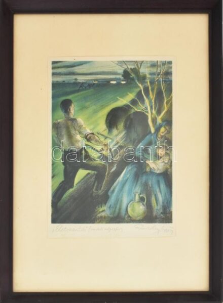 Ruzicskay György (1896-1993): ,,Életszántás". Színezett algráfia, papír. Jelzett a lap alján. Üvegezett fakeretben, 27x19 cm (keret: 46x33,5 cm)