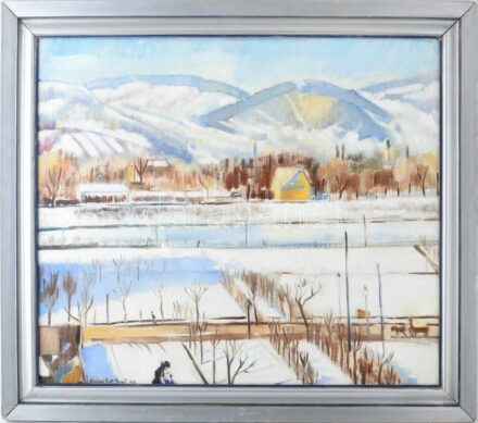 Csabai Rott Margit (1893-1973): Téli táj, 1934. Olaj, vászon. Jelezve balra lent. A hátoldalán Nemzeti Szalon és Munkácsy Céh kiállítási raglapjaival. 60x70 cm. Fakeretben. / oil on canvas, signed, with exhibition labels on the reverse,