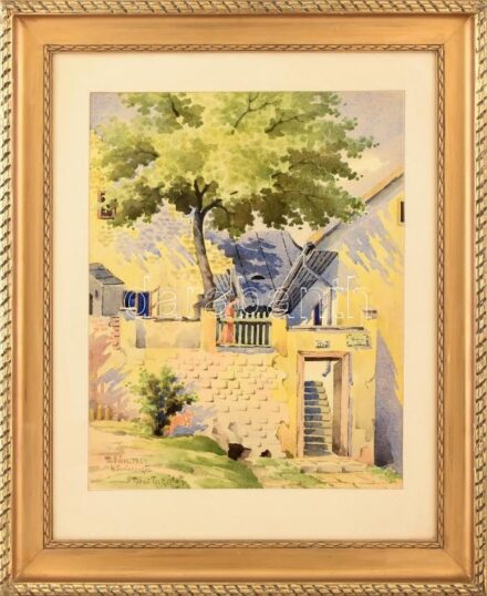 Tibai Takáts János (1876-1943): Tabán, Kőmíves köz, 1924. Akvarell, papír, jelezve balra lent. Dekoratív, üvegezett, fakeretben. 46,5x39 cm. / watercolour on paper, signed, framed