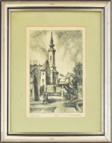 Kmetty János (1889-1975): Tabán. Rézkarc, papír, jelzett. Számozott (67.) Üvegezett fakeretben. 19x11,5 cm. / etching on paper, signed, framed