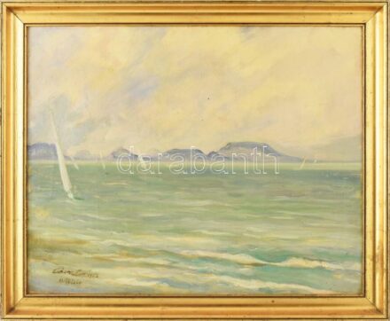 Csont Ferenc (1888-1969): Balatoni vitorlásverseny. Olaj, vászon, jelezve balra lent. Hátoldalán "Dunántúli táj" képzőművészeti kiállítás, Székesfehérvár, István Múzeum, 1952 raglapjával. Restaurált. Fakeretben. 40x50 cm / oil on canvas, signed, with exhi