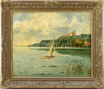 Mészáros Jenő (1883-?): Balatoni vitorlások Tihanynál. Olaj, vászon, jelezve balra lent. Dekoratív fakeretben. 50x60 cm / oil on canvas, signed, framed