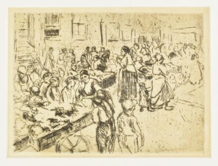 Liebermann, Max (1847-1935): Amsterdami zsidónegyed (Das Judenviertel in Amsterdam). Rézkarc, papír, jelzés nélkül. Paszpartuban. Megjelent: Hermann Struck, Die Kunst des Radierens. Ein Handbuch (Berlin: Bruno Cassirer). 13,5x18,5 cm. / Liebermann, Max (1