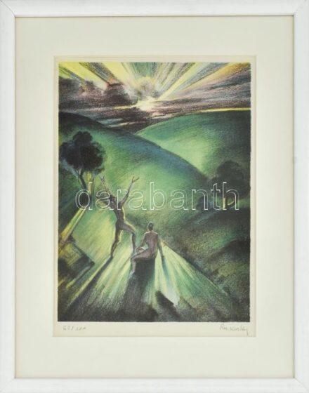 Ruzicskay György (1896-1993): Hajnal. Színezett algráfia, papír, jelzett. Számozott (62/100). Üvegezett fakeretben. 24x18 cm.