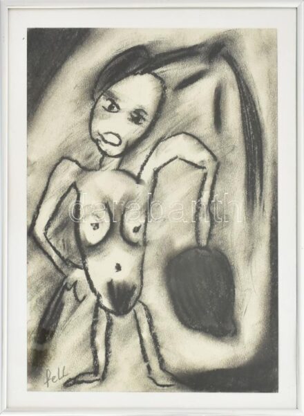 feLugossy László (1947-): Női akt. Szén, papír, jelezve balra lent: feLL. 29x21. Üvegezett keretben. / charcoal on paper, signed lower left, framed