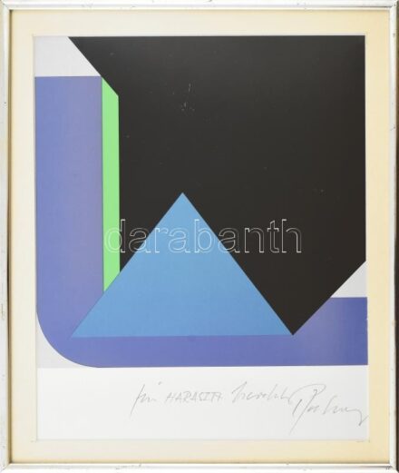 Georg Karl Pfahler (1926-2002): Geometrikus kompozíció (cím nélkül). Szitanyomat, papír, jelzett. Georg Karl Pfahler autográf ajándékozási soraival Haraszty István "Édeskének" (1934-2022), Kossuth-díjas szobrász, festőművész részére. 21,5x21,5 cm. Üvegeze