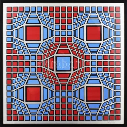 Victor Vasarely (1908-1997): ARG-VIT. Szitanyomat, papír. Jelezve jobbra lent. Hátoldalán számozott: 54/190. Vasarely Center kiadása, 1980. Életmű katalógus szám: 851. Üvegezett fakeretben. 60,5x60,5 cm / Victor Vasarely (1908-1997): ARG-VIT. Screenprint