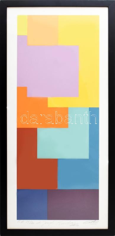 Beöthy-Steiner Anna (1902-1985): Geometrikus kompozíció (cím nélkül). Szitanyomat, papír. Jelzett. Művészpéldány EA. 19/20 számozással, Beöthy-Steiner Anna autográf dedikációjával Joseph Kadar részére. 60x24 cm. Üvegezett fakeretben, üvegen repedéssel. /