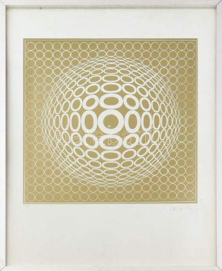 Vasarely, Victor (1908-1997): Arany gyűrűk Szitanyomat, papír, jelzett, számozott (28/90), üvegezett fakeretben, 41x41 cm / Vasarely, Victor (1908-1997): Gold rings. Screenprint on paper, signed, numbered (24/90), framed, 41x41 cm