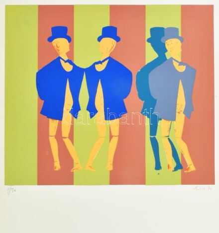 Lux Antal (1935-): Bábuk, 1970. Szitanyomat, papír. Jelzett és datált (A Lux 70), számozott: 9/30. 40x46 cm. Magyarországon nagyon ritka klasszikus pop art mű, mivel a művész Nyugat-Németországban alkotta! / Antal Lux (1935-): Puppets. Serigraphy on paper