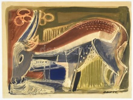 Heinrich Schwarz (1903-1977): Antilop, 1955. Olaj, papír. Jelezve jobbra lent. Hátoldalán autográf felirattal 36x48 cm / Heinrich Schwarz (1903-1977), German artist: oil on paper, signed, with autograph description on the reverse