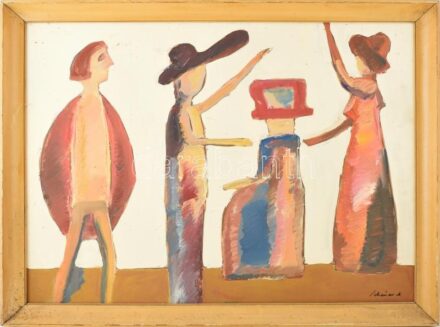 Schéner Mihály (1923-2009): Dorottya bálba megy. Olaj, farost, jelezve jobbra lent. Hátoldalán Schéner Mihály további rajzával és autográf feliratával. Fakeretben, 60×80 cm