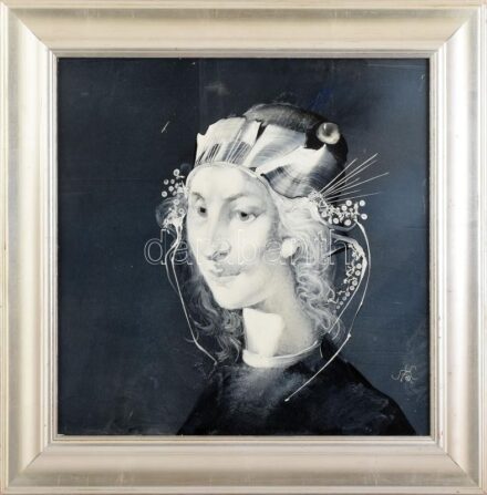 Szász Endre (1926-2003): Portré. Olaj, farostlemez, jelzett. Proveniencia: Ury Ibolya (1924-2009), a Műcsarnok tudományos főmunkatársa hagyatékából. Dekoratív fakeretben, 45×45 cm. / Oil on fibre board, signed, framed, from the estate of art historian Ury