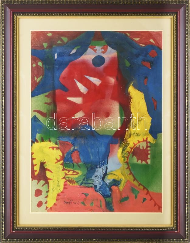 Szeift Béla (1944-2012): Szürrealista kompozíció, 2003. Vegyes technika, karton. Jelzett. Üvegezett, dekoratív fakeretben. 56x40 cm / mixed technique on board