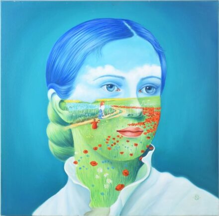 Ördög Noémi / Naomi Devil (1987-): "Hommage á Szinyei Merse Pál" (Landscape portrait 14.), 2020. Olaj, vászon, jelezve jobbra lent, hátoldalán autográf felirattal, 60x60 cm. / Ördög Noémi / Naomi Devil (1987-): "Hommage á Szinyei Merse Pál" (Landscape por