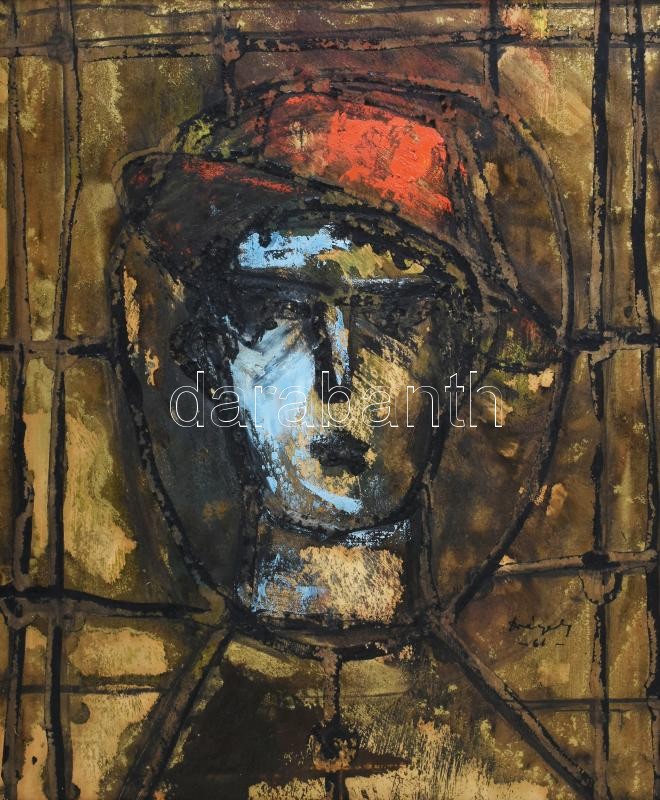 Drégely László (1932-1990): Kalapos portré, 1961. Vegyes technika, papír. Jelzett. 35x30 cm. Fakeretben. / mixed technqiue on paper, signed, framed - Image 2