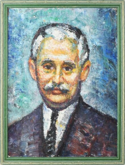Vén Emil (1902-1984): Krúdy Gyula portréja. Olaj, vászon, jelzett és autográf ajándékozási sorokkal a hátoldalán (Losonci Miklósnak, monográfusának?). Apró felületi sérülésekkel (festék lepergéssel). Dekoratív fakeretben, 60x45,5 cm. / oil on canvas, sign