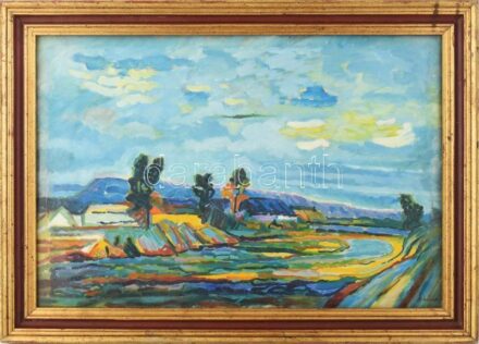 Schéner Mihály (1923-2009): Kékben úszó táj, 1959. Olaj, vászon, jelezve jobbra lent. Hátoldalán autográf felirattal. Dekoratív, üvegezett fakeretben, 41,5×61 cm / oil on canvas, signed, with autograph description on the reverse, framed