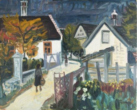 Fenyő Andor Endre (1904-1971): Falu (Balatonfelvidék). Olaj, farost, jelezve jobbra lent. Hátoldalán Képcsarnok Vállalat címkéjével. 65x80 cm / oil wood fibre, signed