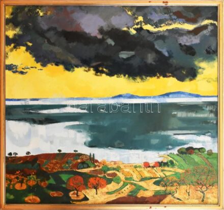 Batári László (1920-1997): Balatoni látkép. Olaj, vászon. Jelezve jobbra lent. Hátoldalán autográf felirattal. Fakeretben. 150x160cm. KIZÁRÓLAG SZEMÉLYES ÁTVÉTEL, NEM POSTÁZZUK! / Oil on canvas, signed lower right, framed. ONLY PERSONAL COLLECTION AT OUR