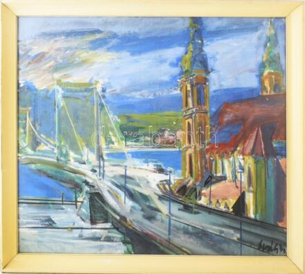Sváby Lajos (1935-2020): Belvárosi templom (Erzsébet híd, Budapest). Olaj, vászon, jelezve jobbra lent. Hátoldalán autográf felirattal és Képcsarnok Vállalat címkéjével. Üvegezett fakeretben. 70x80 cm / oil on canvas, signed lower right,