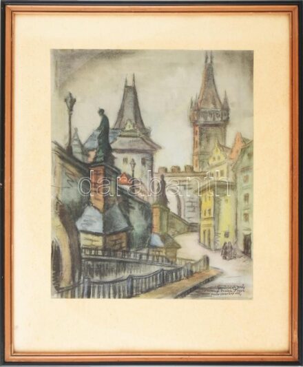 Szantrucek (Santrucek) Jenő (1903-1965): prágai részlet, 1964. Pasztell, papír. Jelzett. Dekoratív, üvegezett fakeretben, 35,5×29,5 cm / Jenő Szantrucek (Santrucek) (1903-1965): Prague. Pastell on paper. Signed. Framed. 35,5×29,5 cm