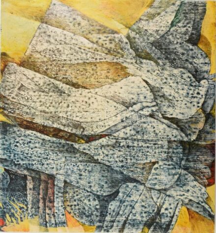 Vladimir Svoboda (1937-): Nyugati hegyek, 1992. Vegyes technika, fa, jelezve jobbra lent, hátoldalán raglappal. 37,5x44 cm. / Vladimir Svoboda (1937-), Czech painter: Western mountains, (Zapadni Hory) 1992. Mixed technique on wood, signed lower right, wit