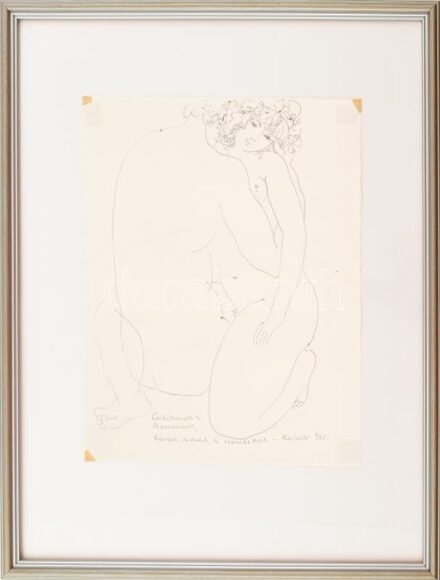 Reich Károly (1922-1986): Szerelmesek. Toll, papír, jelzett, Reich Károly autográf ajándékozási soraival Ury Ibolya (1924-2009), a Műcsarnok tudományos főmunkatársa és férje részére 1975-ből. 29x23 cm keretben / pen on paper, signed, with autograph deicat