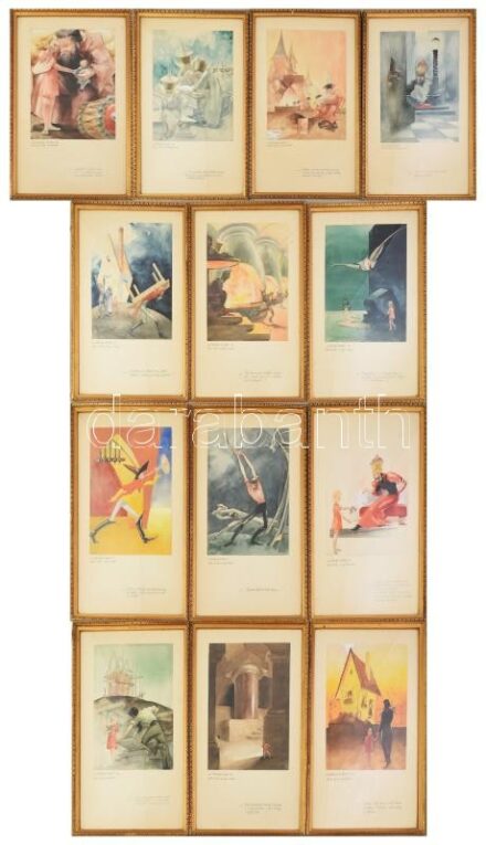 Klug K. György (1895-1969): A didergő király I-XIII. 13 db Akvarell illusztráció Móra Ferenc meséjéhez. Komplett sorozat, Akvarell papír, jelzett, verses dedikációval . Mindegyik külön Üvegezett keretben 23x30 cm. külső méret 34x51