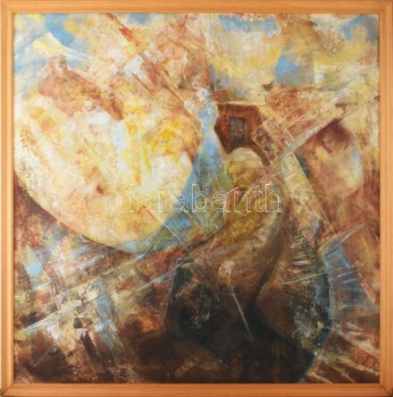 Kucsera András (1948-): Nanácska. Vegyes technika, karton, jelezve jobbra lent, hátoldalán autográf felirattal. Kissé sérült. Fakeretben. 100x100 cm. KIZÁRÓLAG SZEMÉLYES ÁTVÉTEL, NEM POSTÁZZUK! / Mixed technique on board, signed on the reverse, slightly d