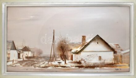 Fejér Csaba (1936-2002): Faluvége. Olaj, farost, jelzett, hátoldalán Képcsarnok Vállalat címkéivel. 60x110 cm Üvegezett fakeretben. KIZÁRÓLAG SZEMÉLYES ÁTVÉTEL, NEM POSTÁZZUK! / oil on wood fibre, signed, framed. ONLY PERSONAL COLLECTION AT OUR