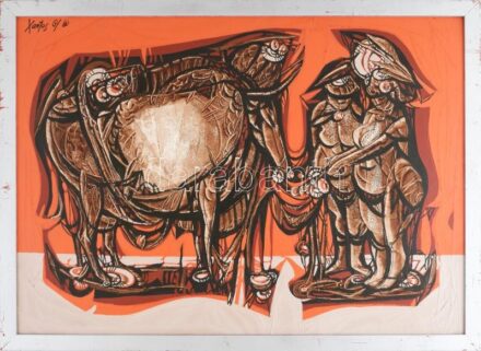 Xantus Gyula (1919-1993): Őskor, 1980. Akril, farost. Jelezve balra fent, hátoldalán autográf felirattal. Dekoratív fakeretben. 50x70 cm / oil on fibre board, signed upper left, with autograph description on the reverse, framed