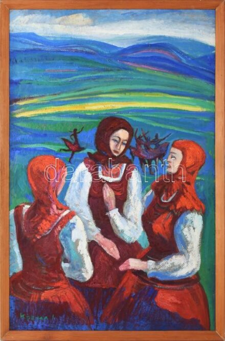 Kozma István (1937-2020): Erdélyi népviselet. Olaj, farost, jelzett, 85×55 cm. Keretben