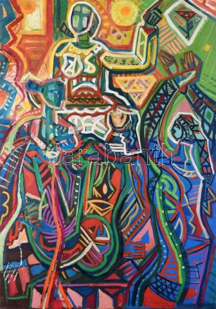 Kozma István (1937-2020): Három grácia (cím nélkül). Olaj, vászon, jelezve jobbra lent, 100×70 cm. Proveniencia: Banner Zoltán (1932-) művészettörténész, író gyűjteményéből / István Kozma (1937-2020): Three graces (untitled). Oil on canvas, signed. 100×70