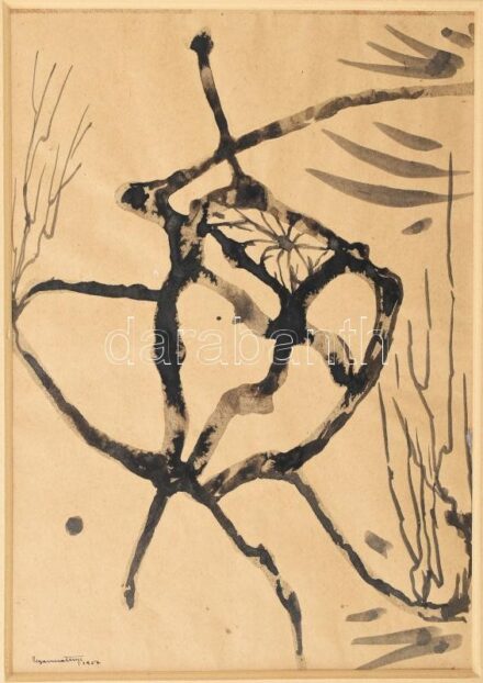 Gyarmathy Tihamér (1915-2005): Cím nélkül, 1957. Tus, papír. Jelezve balra lent: Gyarmathy 957. Hátoldalán R 57/4 katalógusszámmal. 29×20 cm. Fakeretben. / ink on paper, signed lower left, with catalogue no. R 57/4 on the reverse, framed.